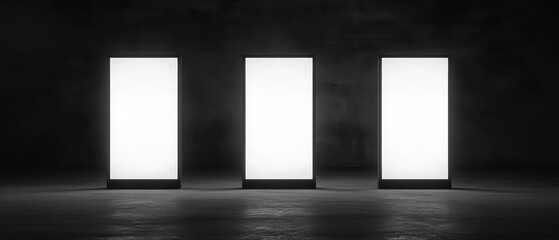 Triple Threat: Illuminated Displays in Dark Ambient. Three bright, blank vertical displays stand in a dark, industrial setting, offering a sleek and modern backdrop for your message.  