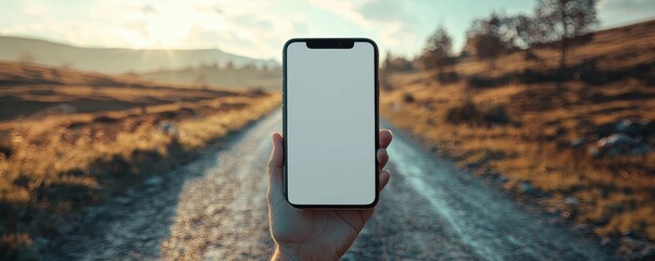 iPhone mockup with blank screen on a scenic outdoor pathway