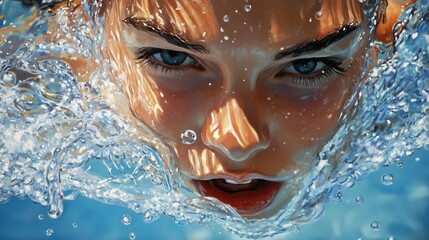 A young swimmer emerging from under the water on a sunny day, capturing the beauty of light and movement in a serene pool