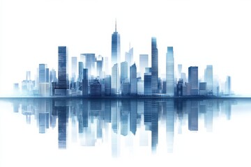 Obraz premium Modern city skyline with towering skyscrapers and reflections