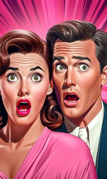 Couple reacting with increasing shock on pink background