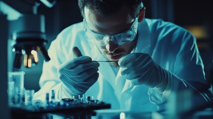 A man in a lab coat is working on a piece of equipment