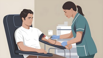 blood donation or blood test scene. In a medical office, a nurse in a green uniform and blue gloves draws blood from a young patient sitting in a dark blue medical chair