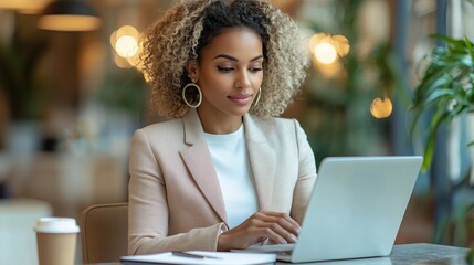 Confident Entrepreneur Working on Sleek Laptop in Modern Office Environment, Focused on Tasks with Professional Style and Ambitious Mindset