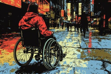 Obraz premium Vibrant City Scene with Wheelchair User in Cartoon Style