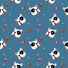 French bulldog face in the party. On hat gift star background. Cartoon so cute. Pattern seamless vector illustration.