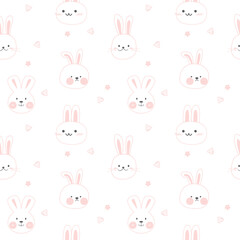 Face rabbit cartoon so cute. On heart flower white background. Pattern seamless vector illustration.