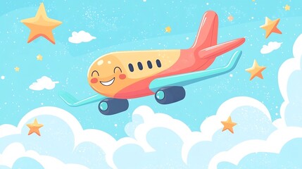 Cheerful Cartoon Airplane Soaring Through Vibrant Starry Sky with Fluffy Clouds