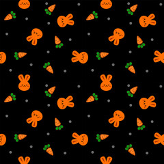 Face rabbit orange cartoon so cute. On carrot black background. Pattern seamless vector illustration.
