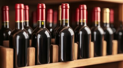 A row of wine bottles with red caps on a wooden shelf