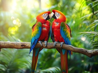 Fototapeta premium Vibrant Tropical Parrots Preening on Lush Jungle Branch