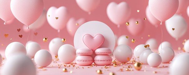 Pink celebration scene with macarons, hearts, and soft balloons