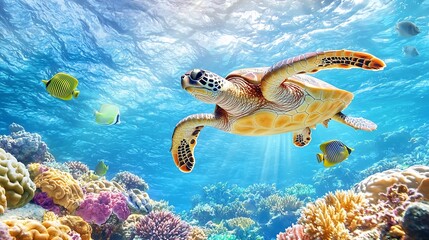 Fototapeta premium Graceful Sea Turtle Gliding Through Vibrant Coral Reef Teeming with Tropical Fish