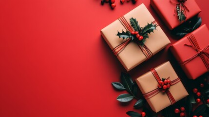 Christmas Gift Boxes: A festive collection of gift boxes adorned with holly and red berries, creating a visually appealing and seasonal backdrop for holiday promotions and greeting cards.  