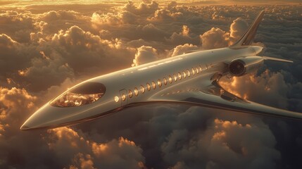 Fototapeta premium Jet Above the Clouds: A sleek passenger jet soars gracefully through a sea of clouds, the sunlight reflecting off its polished fuselage.