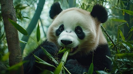 Obraz premium Giant Panda Munching on Bamboo in Lush Green Forest