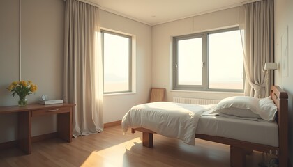 Sunlit minimalist bedroom with white bed and wooden decor.