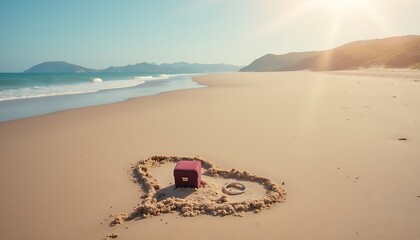 Naklejka premium Proposal ring on heart-shaped sand by the beach.