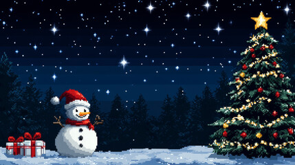 Pixelated snowman and Christmas tree under starry night sky.