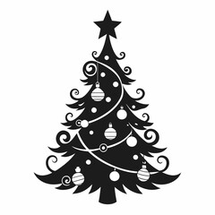 Christmas Tree Silhouette with Stars and Ornaments. Christmas tree silhouette vector art illustration