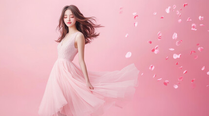 woman in flowing pink dress surrounded by petals on pink background.