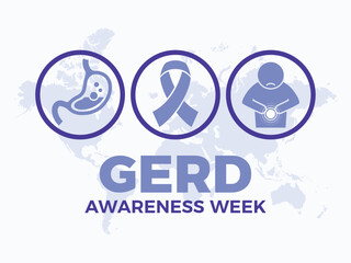 GERD Awareness Week poster vector illustration. Periwinkle awareness ribbon, stomach, pain round icon set vector. Gastroesophageal reflux disease symbol. Template for banner, card. November each year