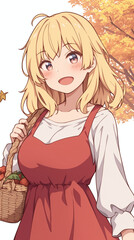 Smiling Girl in Autumn Dress with Basket