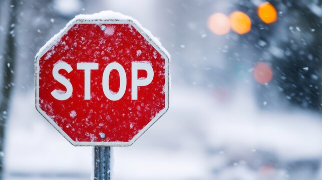 Winter Stop Sign: Snowfall blankets a stop sign, creating a visually striking image of winter weather and caution.   - Powered by Adobe