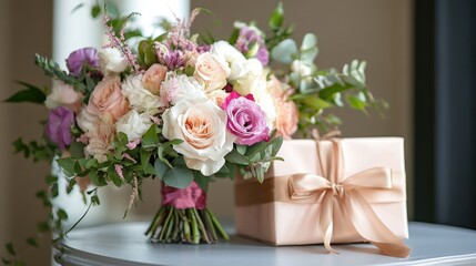 Obraz premium Beautifully Arranged Floral Bouquet with Soft Pastel Roses, Elegant Gift Box with Ribbon Placed on a Stylish Table, Perfect for Celebrations and Special Occasions