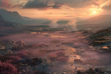 Naklejka premium A Misty Sunset Over a Rocky Alien Landscape with a Stream