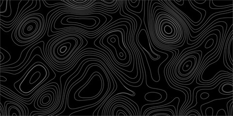 Abstract white on black background with Topographic line map pattern. abstract wavy and curved lines background. linear map. Dark seamless design. Bold tile able isolines pattern. Vector illustration.