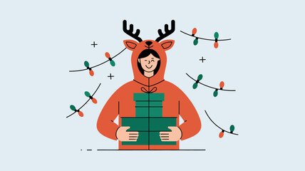 A person wearing a reindeer costume, holding a stack of wrapped gifts.