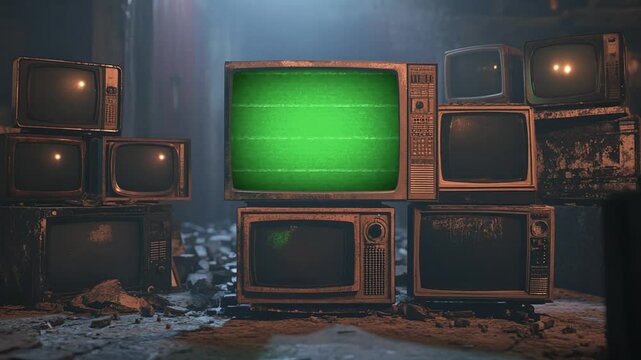 artistic 3d rendered motion graphics video animated old classic television with green screen in the center surrounded with turned off stack of monitors ruined empty room cinematic lighting chroma key