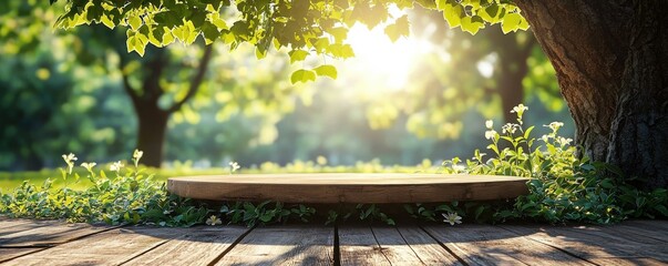 Naklejka premium Serene wooden podium under sunlight in lush green garden
