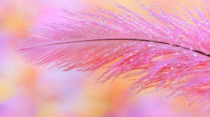 Obraz premium A close-up of a vibrant pink feather with glistening droplets on a soft blurred background.