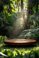 Round wooden podium set amidst lush greenery in sunlight