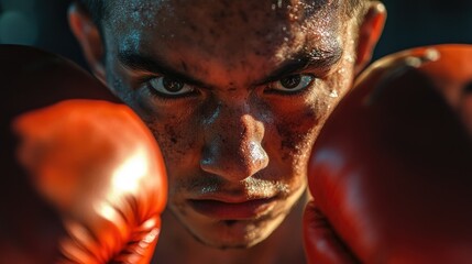 Close-up of a boxer's face and gloves, with intense expression as they prepare for a fight. Gloves are worn and the lighting is dramatic.