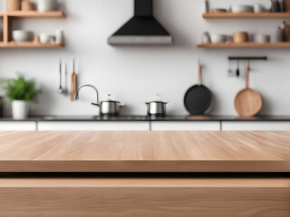 Kitchen wood table top for product display with blurred modern interior.