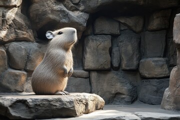 Obraz premium A capybara stands upright on a rocky ledge, surrounded by textured stone walls, capturing a serene and natural moment in its rugged habitat.