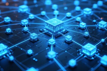 A futuristic blockchain network, with intricately detailed, interconnected cubes radiating vibrant neon blue and silver hues