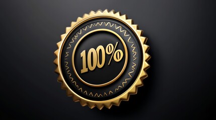 Golden Seal of Excellence: A 3D rendered gold seal with a black center and a bold "100%" inscription, symbolizing achievement, quality, and perfection.  