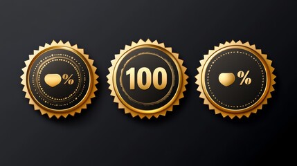 Fototapeta premium Gold Guarantee Badge Set: A striking set of three premium golden badges on a black background, symbolizing quality, excellence, and customer satisfaction.