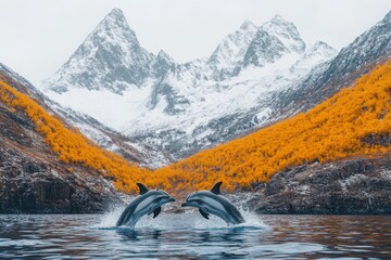 Obraz premium Two dolphins leap gracefully from a serene mountain lake surrounded by snow-capped peaks and vibrant golden autumn trees, creating a striking blend of nature and aquatic beauty.