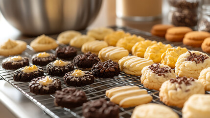A tray of assorted cookies cooling on a wire rack, with a mixing bowl and whisk in the background 