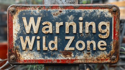 Warning Wild Zone: A weathered metal sign with a bold warning, "Warning Wild Zone," against a rustic backdrop.  The sign is a symbol of adventure, excitement, and the untamed spirit of the wild. 