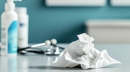 Close-up of a crumpled tissue on a doctor's desk, with a stethoscope and hand sanitizer in the background