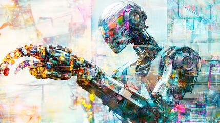 AI-driven robots revolutionize industrial manufacturing with their precision and efficiency. This double exposure image depicts the convergence of humans and machines