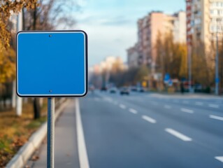 Blank Blue Sign on City Street: A  blank blue sign stands tall on a city street, against a backdrop of an urban landscape and passing cars. The perfect canvas for your message.