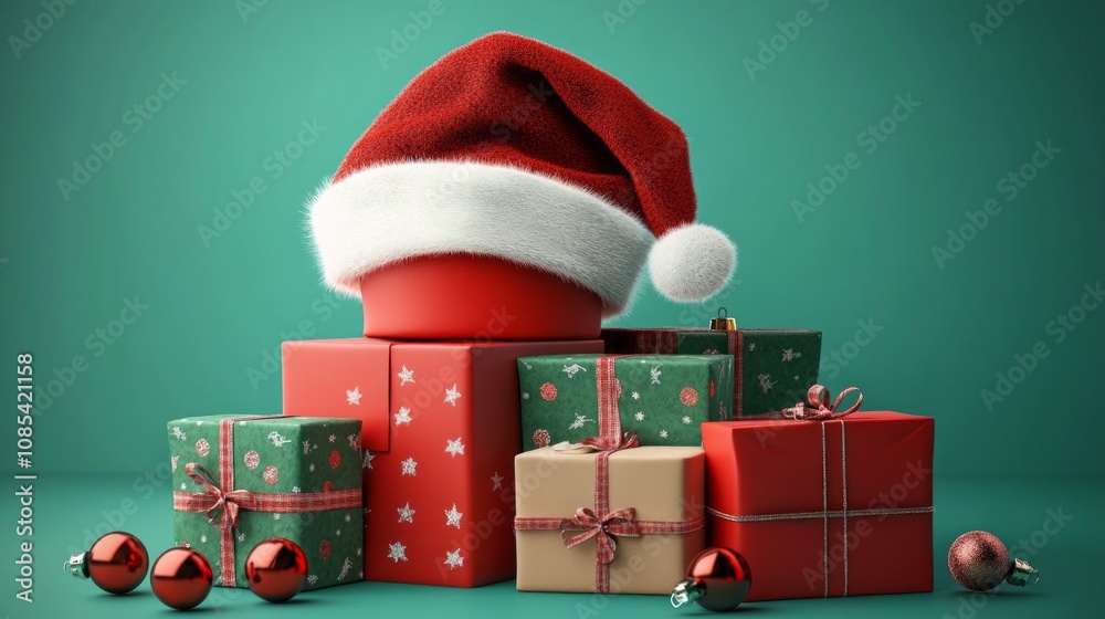 Poster a stack of presents with a red hat on top