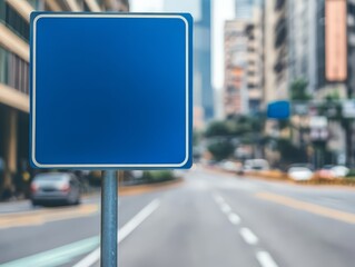 Blank Blue Signpost in City: A vibrant blue blank signpost stands prominently against a blurred backdrop of a bustling city street, offering a versatile canvas for your message.  